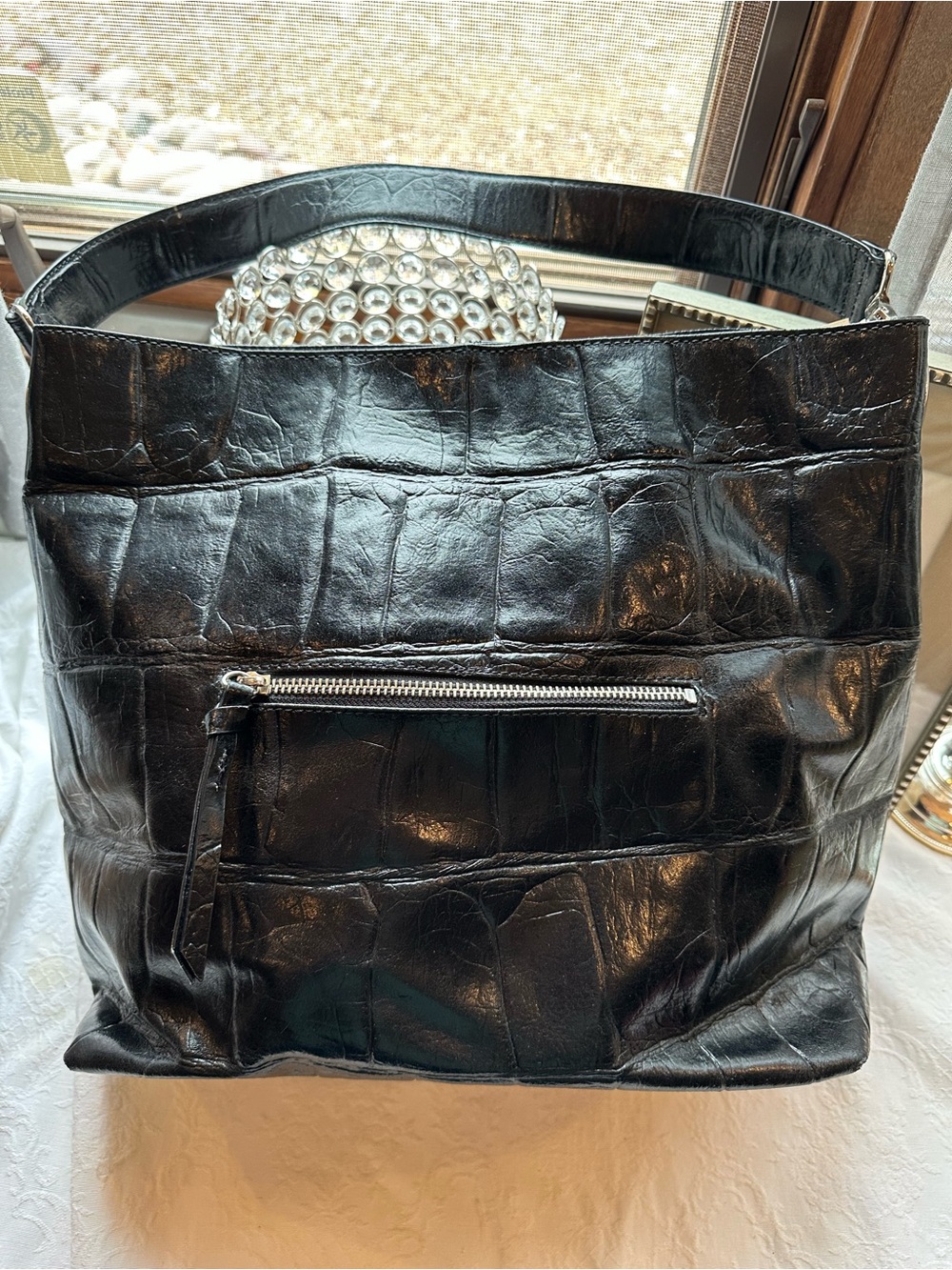 Preston & York Black Croc Leather Shoulder Bag Vintage Edgy Minimalist